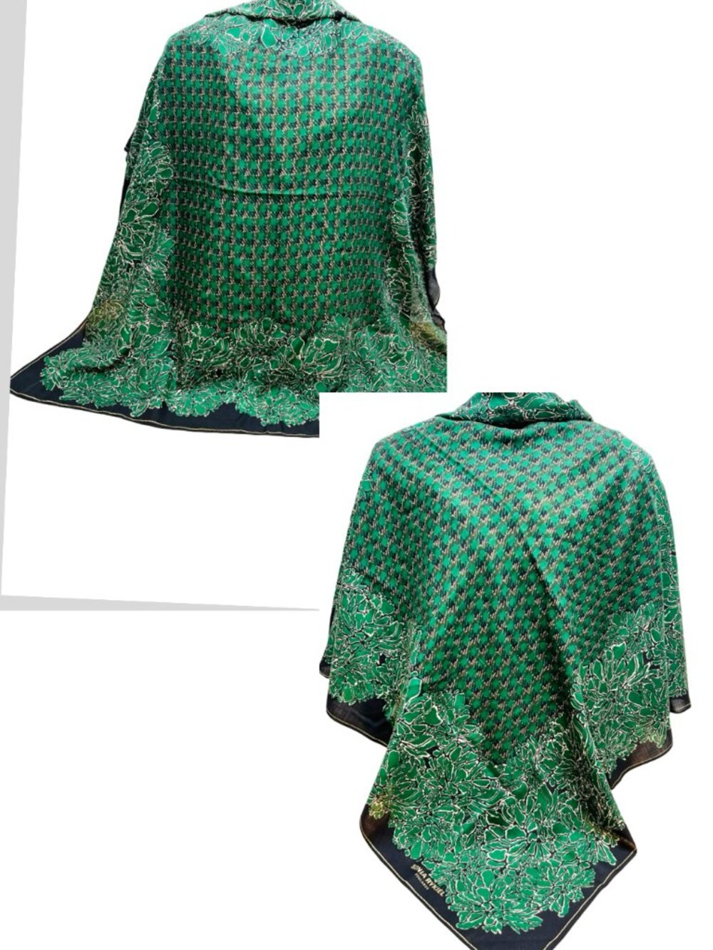 A Pair SONIA RYKIEL Foulards Scarf Shawl 42"  Black White Green Gold Floral  (25 - Picture 10 of 16